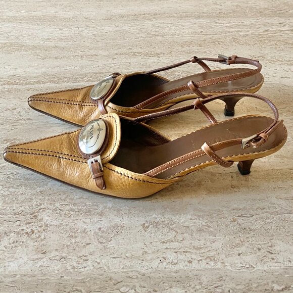 Vintage Prada Silver Logo Slingback Kitten Heels - Picture 3 of 8